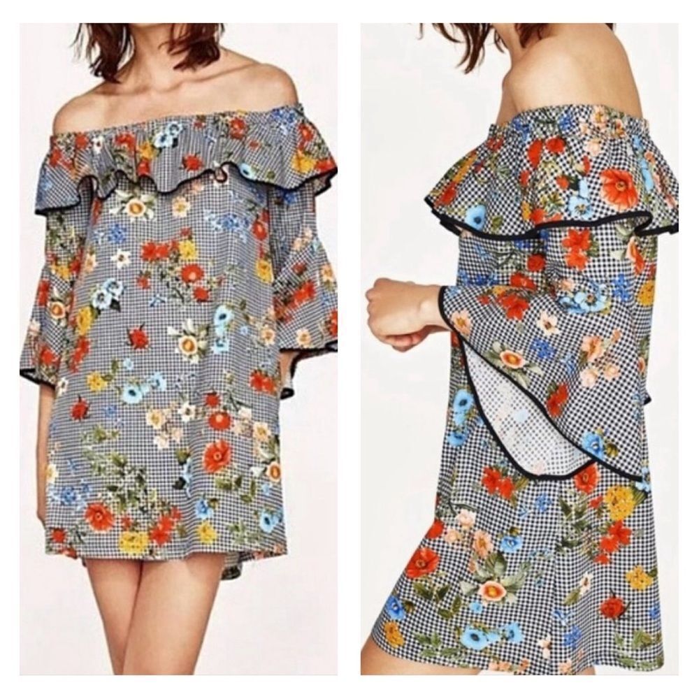 Zara Basic checkered & Liberty floral print mini dress S bell sleeves